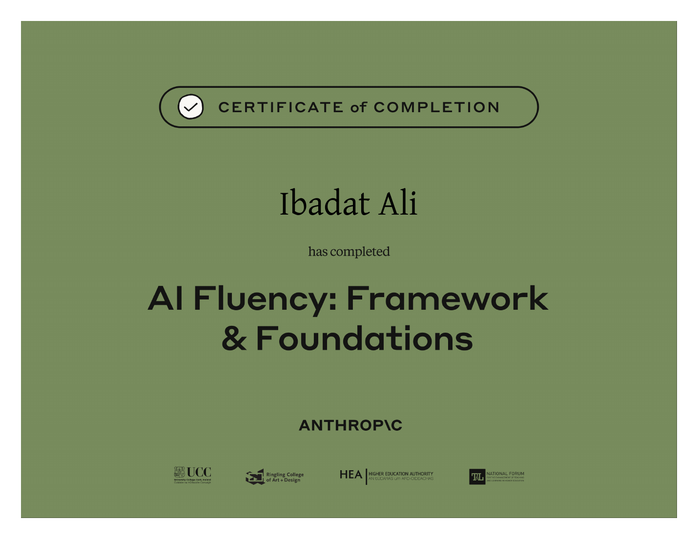 AI Fluency: Framework & Foundations certificate issued by Anthropic