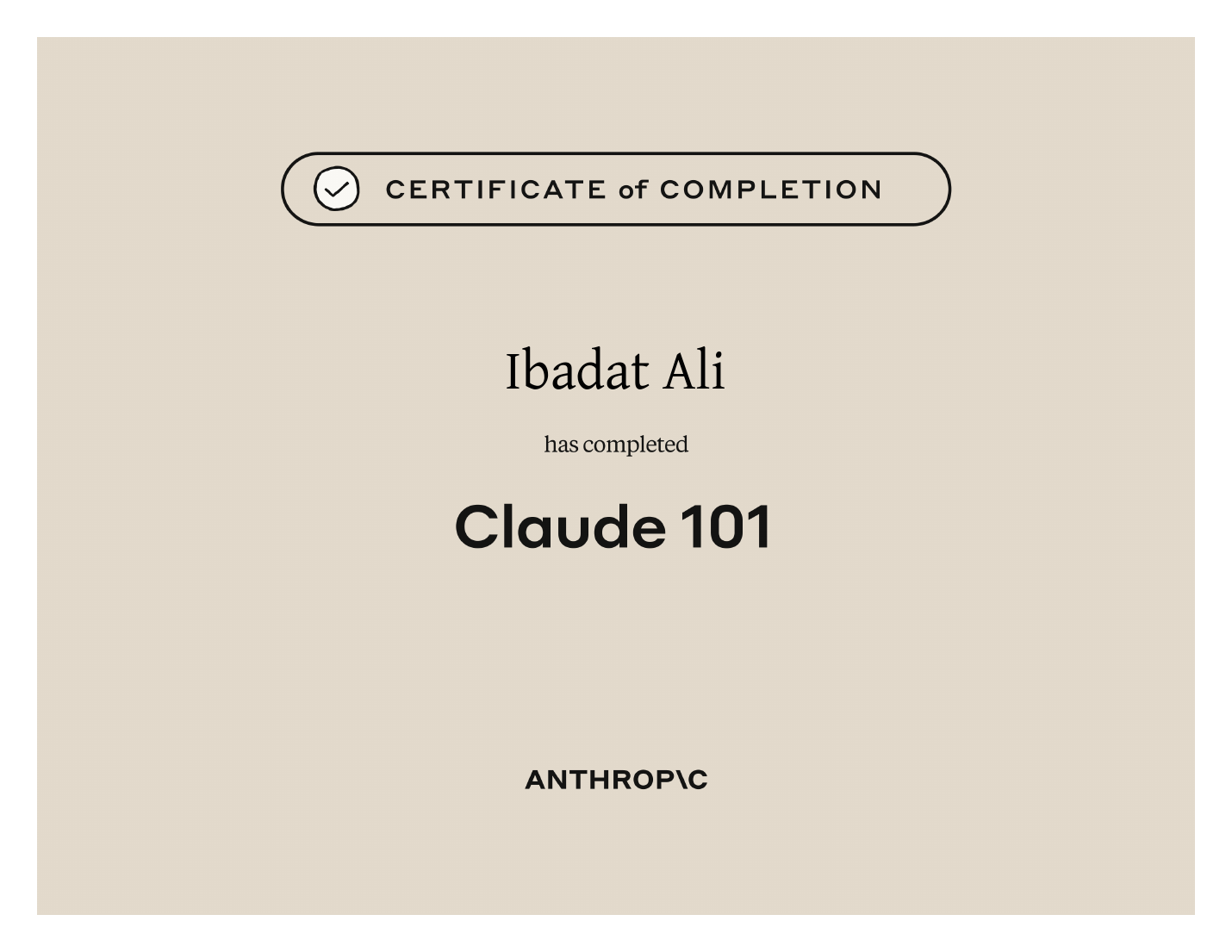 Claude 101 certificate issued by Anthropic