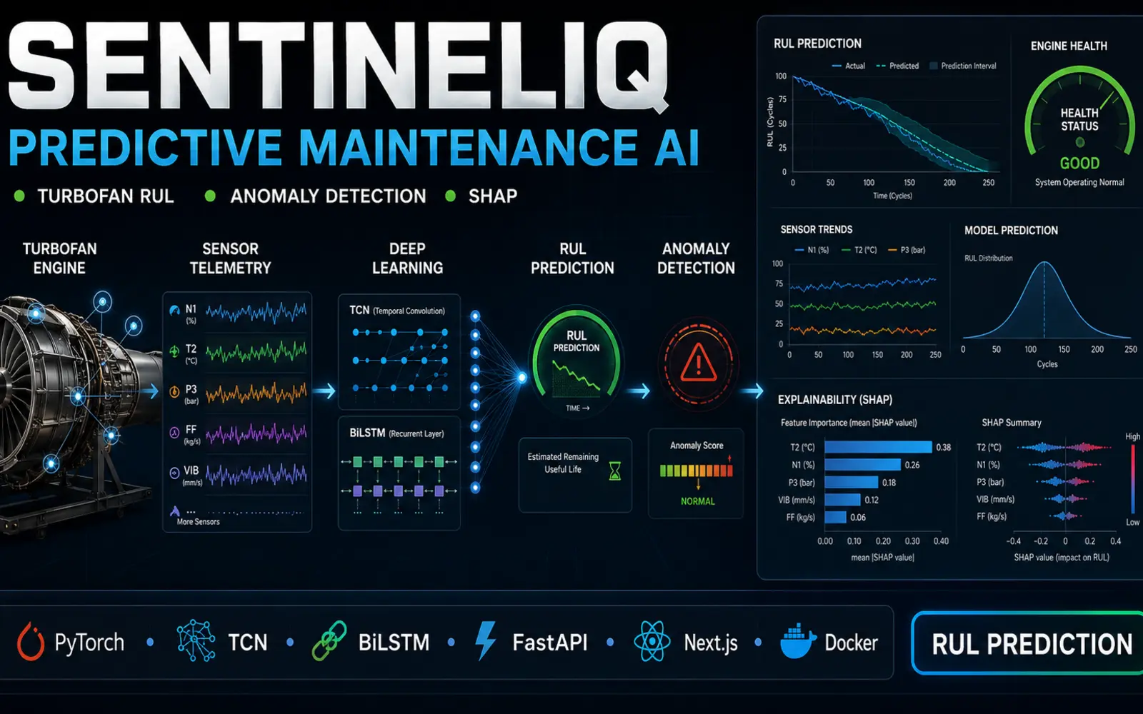 SentinelIQ — abstract NASA turbofan remaining-useful-life forecasting system diagram