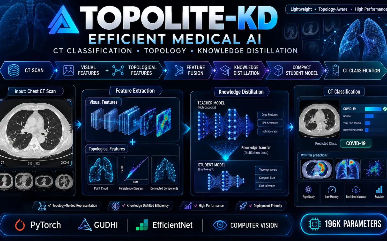 TopoLite-KD — abstract topology-aware medical imaging research diagram