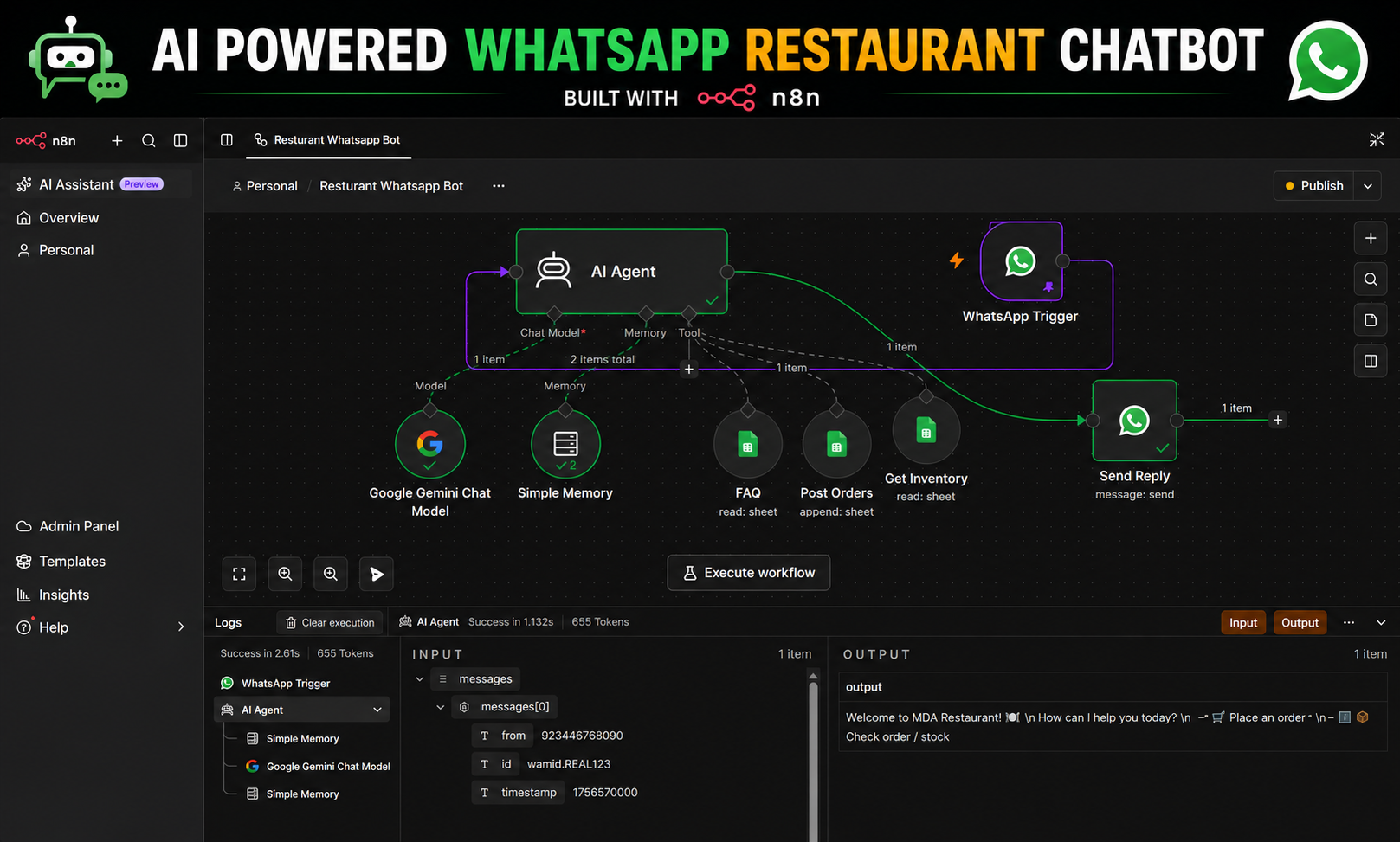 AI-Powered WhatsApp Restaurant Chatbot — AI-powered WhatsApp restaurant chatbot n8n workflow diagram